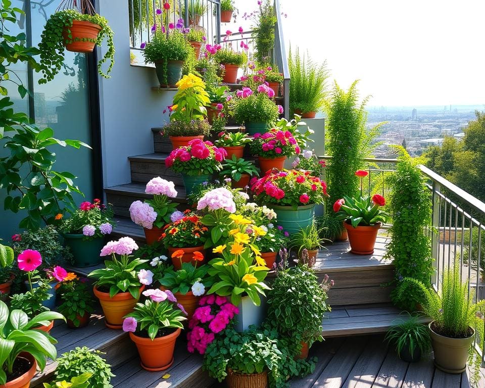 Blumentreppen für Terrasse und Balkon: Pflanzideen auf mehreren Ebenen