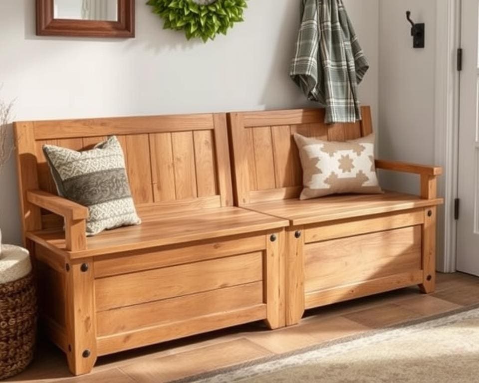 Holzbänke mit Stauraum für die Diele
