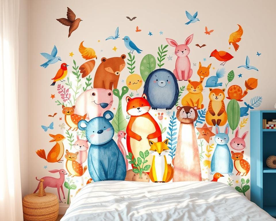 Wandtattoo Tiere, farbenfrohe Wandgestaltung im Kinderzimmer