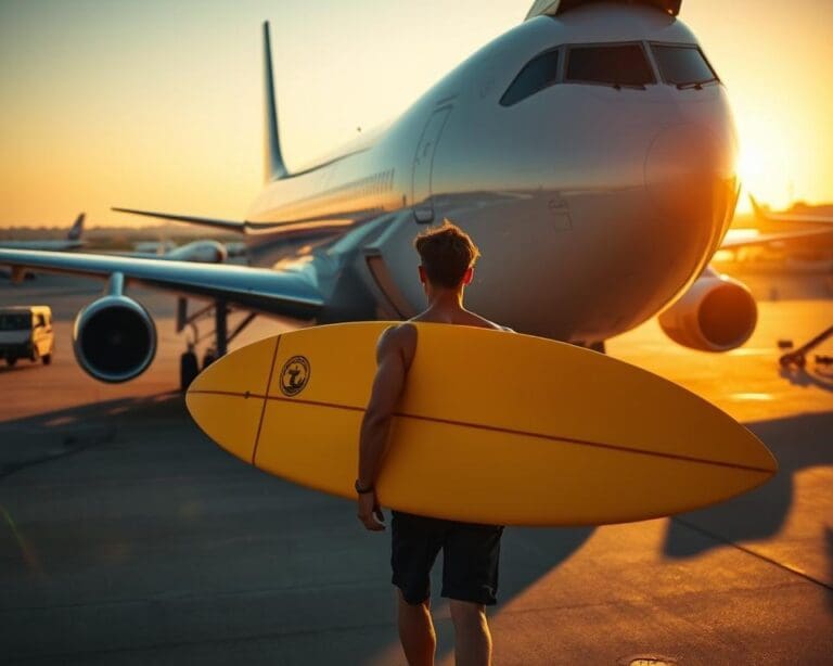 Wie reist man mit dem Flugzeug und Surfbrett?